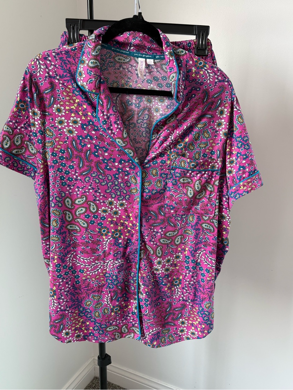 Women’s Short Sleeve Button-Up Pajama Top and Shorts in Vibrant Magenta Paisley